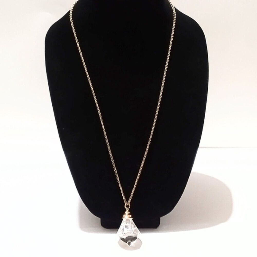 Gold Tone Faux Crystal Drop Pendant Necklace 28" Chain - Picture 5 of 7